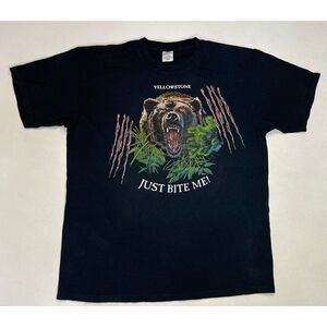 VINTAGE Yellowstone Bear Just Bite Me Graphic T-shirt Men XL Black Short Sleeve